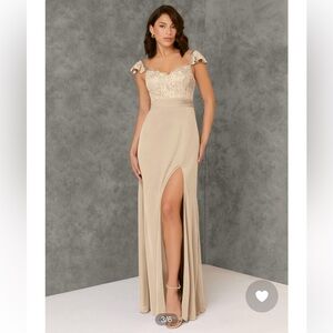 Azazie Jina - Champagne Flowy Lace Dress